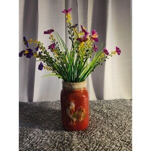 Farmhouse Kitchen Mason‎ Jar Utensils Holder Red With Rooster Chicken Ceramic 6"